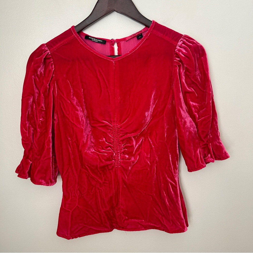 Scotch & Soda Blouse Pink Fitted Puff Sleeve Velvet Planet Love Ruched Top - Picture 2 of 14